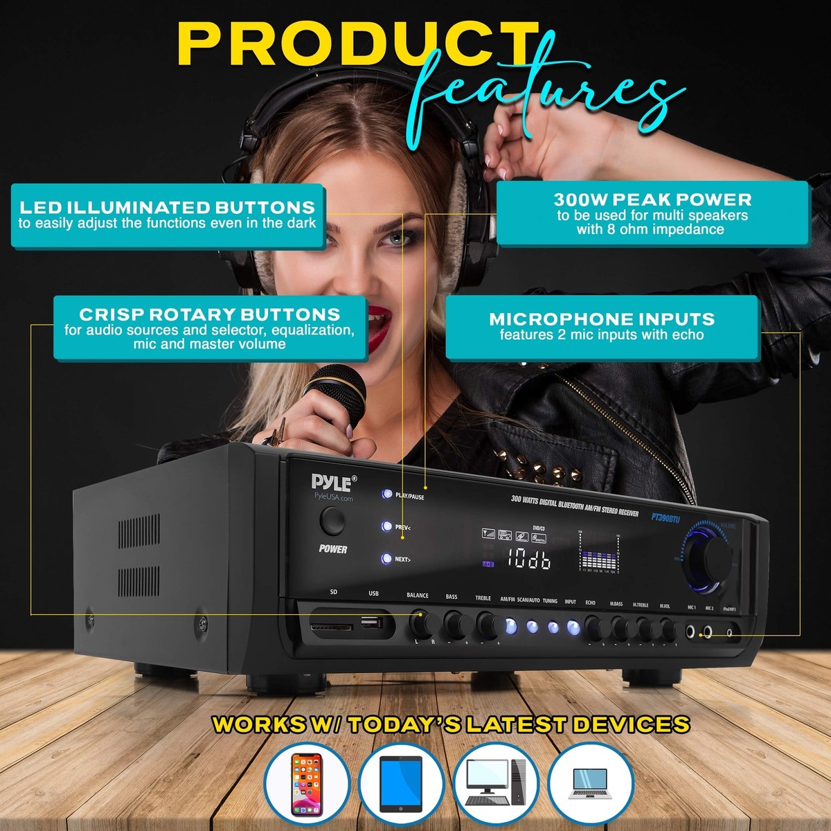 Pyle PT390AU 300W 4 Channel Home Audio Amplifier - Stereo Receiver With USB, RCA, AUX, Mic Inputs & Echo, Remote