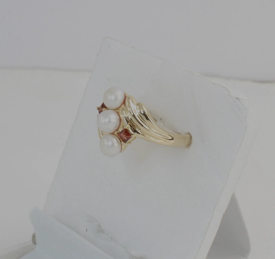 Anillo de cóctel vintage de oro de 14k corte princesa naranja gema y perla damas talla 7 Foto 4 de 4