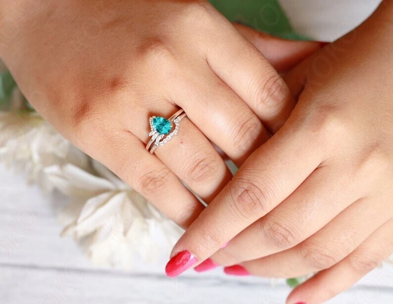 Conjunto de anel de noivado de prata esterlina turmalina natural folheado a rosa 18K para ela - Imagem 3 de 4