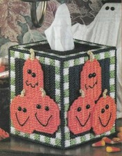 JAUNTY JACK O' LANTERNS TISSUE TOPPER PUMPKIN PLASTIC CANVAS PATTERN INSTRUCTION