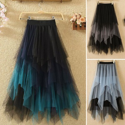 NEU Frauen Tutu Tüll Rock elastische Taille Mesh langen Absatz Rock Kleid DE