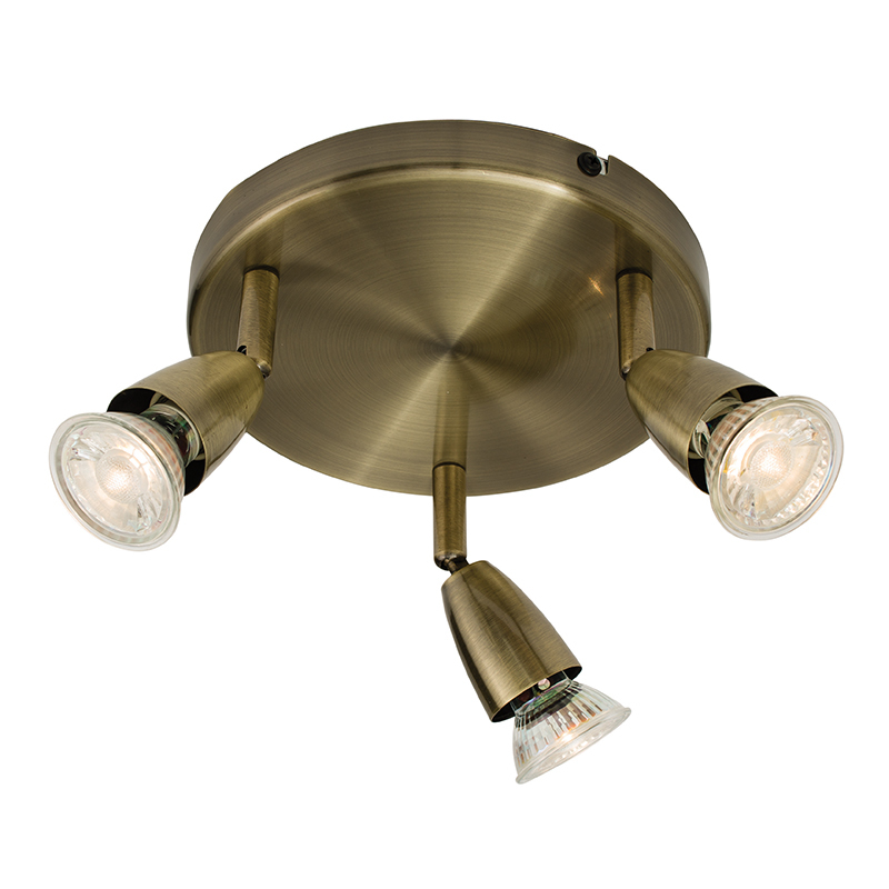 Antique Brass Triple GU10 Spotlight Ceiling 3 Way Round Plate Halogen or LED