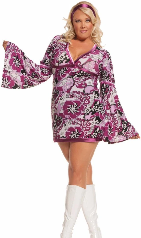 Retro Hippie Costume Purple Paisley Dress Bell Sleeves Head Band 9586 Small - Image 4 of 4