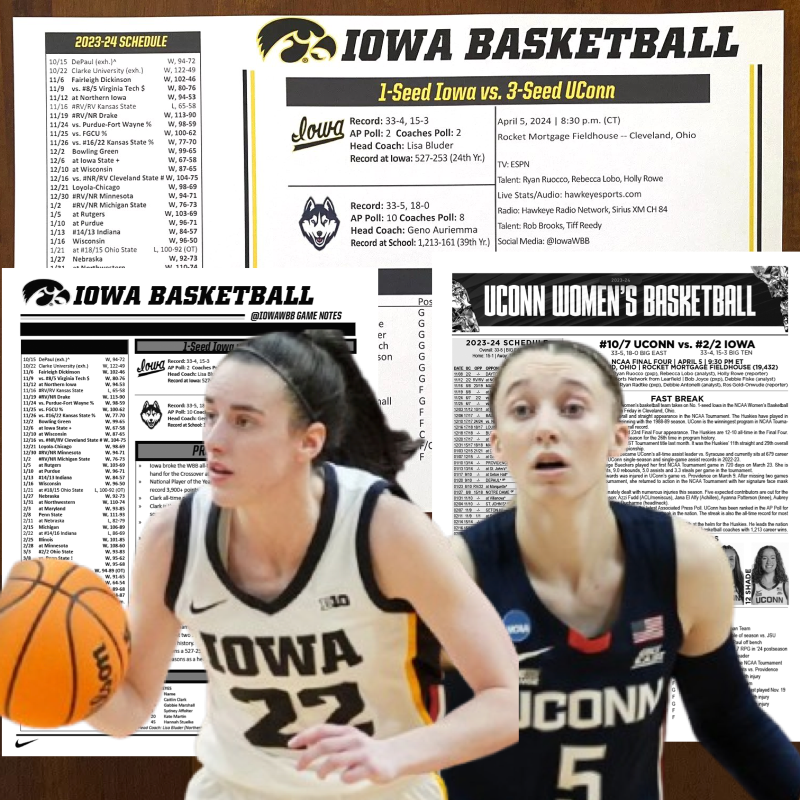 IOWA vs UCONN Caitlin Clark Paige Bueckers - Lineup Card & Program APR 5 2024