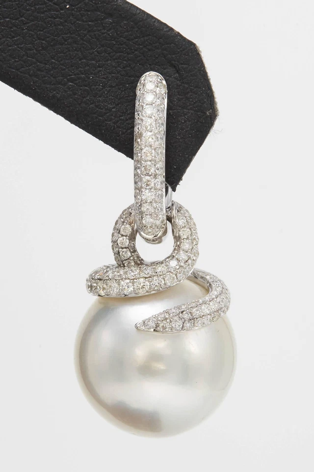 Magnificent Two Solid White Pearls With Pave Set Lab-Created Diamonds Earrings - Image 2 of 4