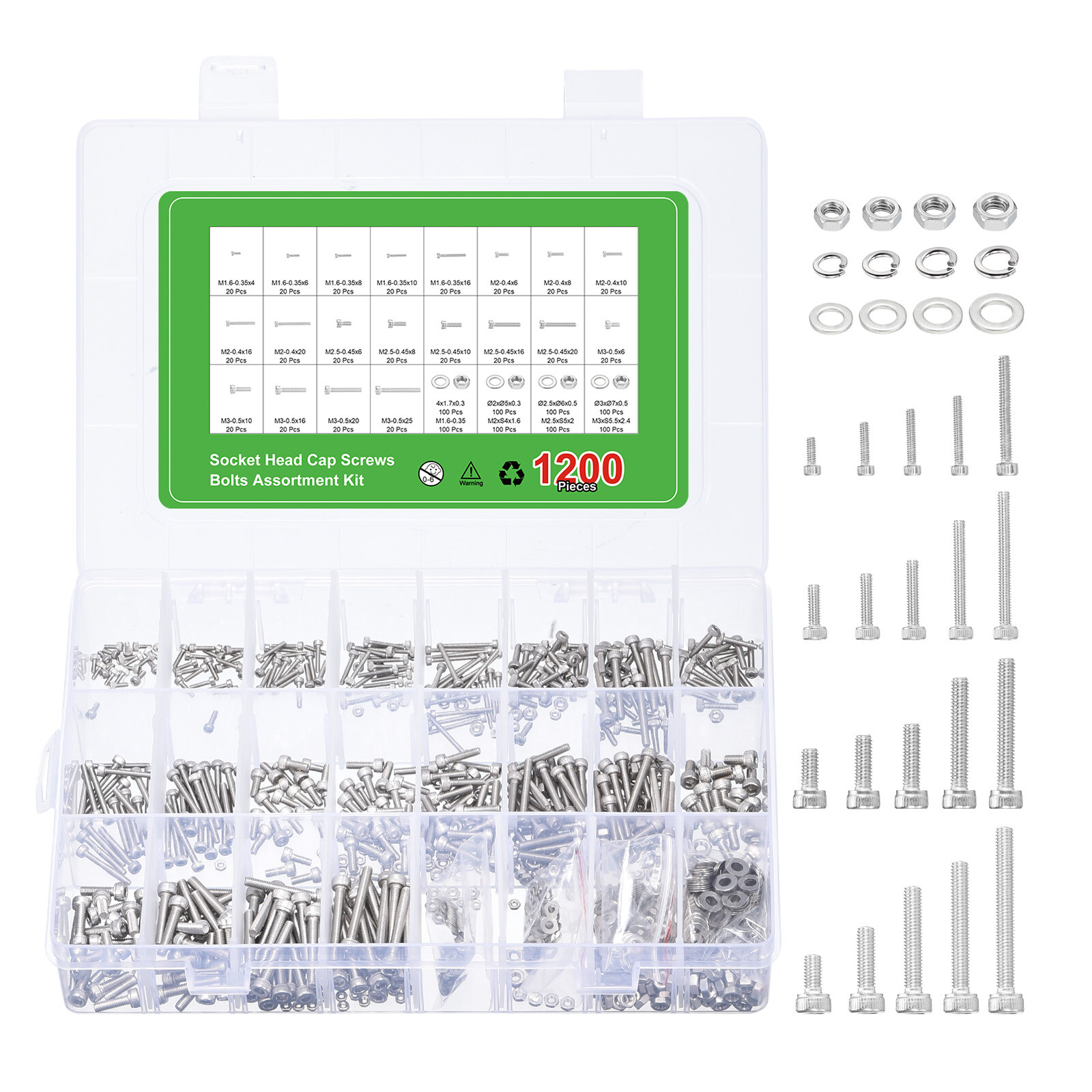 1200pcs M1.6/M2/M2.5/M3 Socket Head Cap Screws Bolt Nut Kit, 304 Stainless Steel