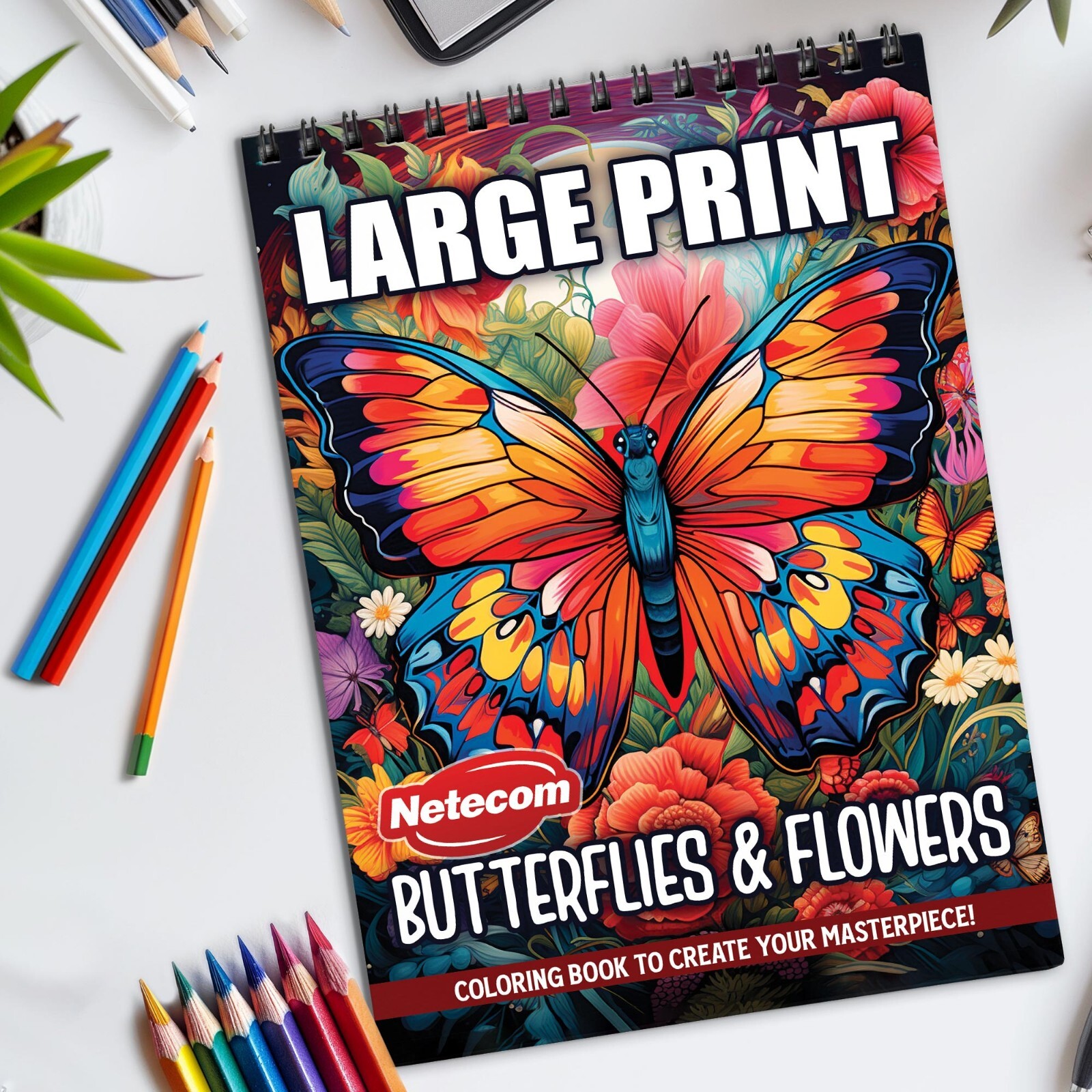 Large Print Butterflies and Flowers Spiral Bound Coloring Book, Stress Relief