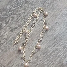 Charming Charlie Gold Pearl and Crystal Beaded Necklace 32" 