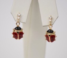 14K Solid Yellow Gold Ladybug Dangle Earring with Enamel