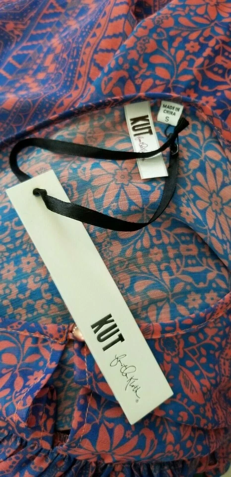 Kut From The Kloth Women's Floral Geometric Blue/Coral Blouse Size S - Image 4 of 4