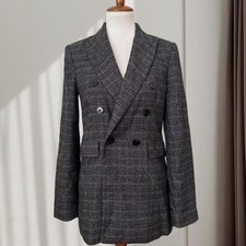 Zara Womens Grey Glen Plaid Double Breasted Blazer Jacket Size XS Tailored Fit