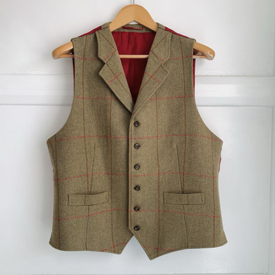 Saxony Tweed Windowpane Check Waistcoat Mens 40 R Brown