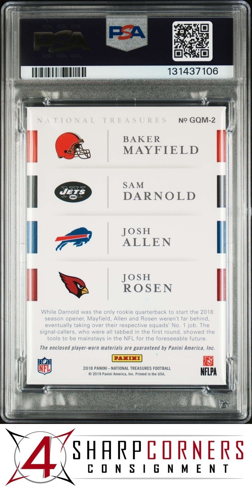 2018 NATIONAL TREASURES NFLPA 1/1 BAKER MAYFIELD-SAM DARNOLD-JOSH ALLEN RC PSA 8 view 2