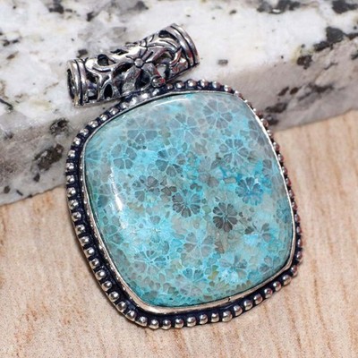 925 Silver Plated Huge Blue Fossil Coral Pendant 1.5'' Well Made Gift Trendy MJ