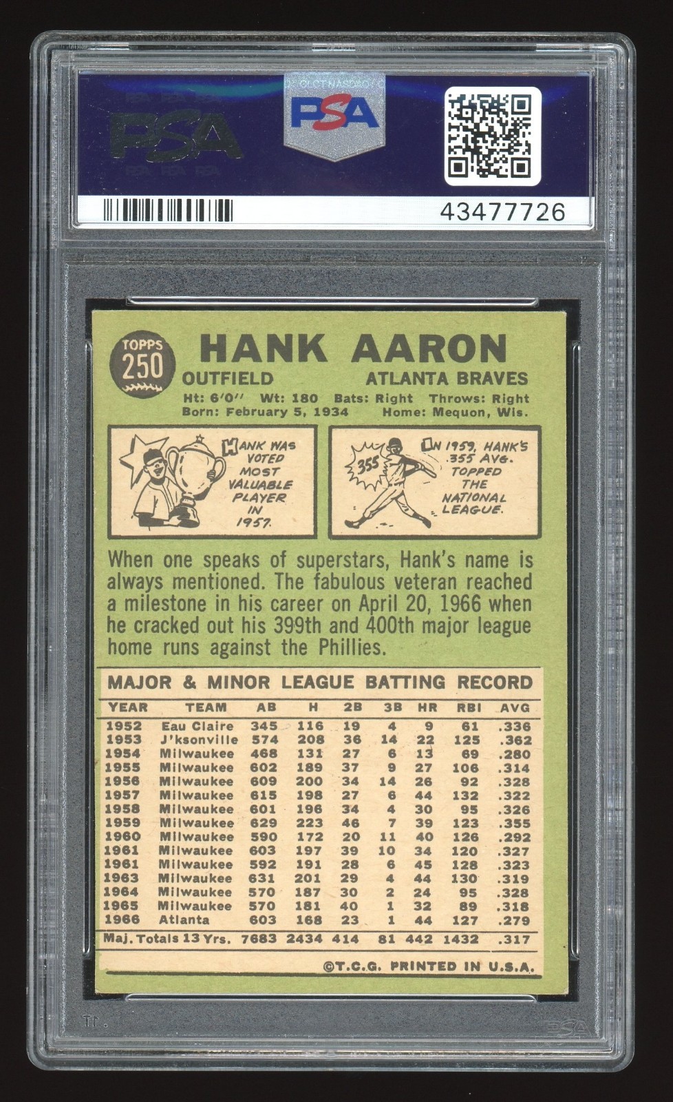 1967 Topps Baseball #250 Hank Aaron  EX-MT PSA 6 view 2