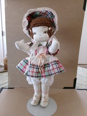 FABULOUS HOMEMADE 17'' CLOTH DOLL MADE FROM NEWSPAPER PATTERN .DETAILED DRESSING