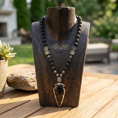 Black Obsidian Arrowhead Necklace Men Lava Pyrite Bead Protection Talisman 36''
