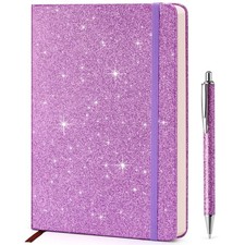 Purple Glitter Notebook, 8.4"x 5.7", 200 Lined Pages, No-Shed Sparkle Journal...