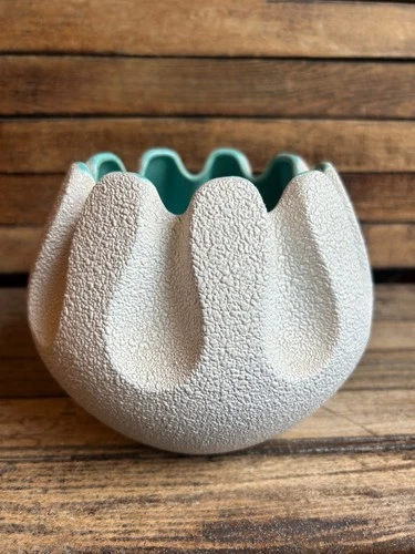 MCM Royal Haeger pebble white turquoise planter vase crimped edge vintage 345-5