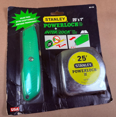 NOS STANLEY USA VTG 1995 POWERLOCK II 25' Tape Measure + Interlock Utility Knife