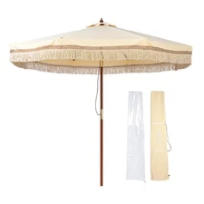 LAGarden 9' Patio Umbrella w/ Tassels UPF50+ Boho Style 5-Year-Non-Fading Butter