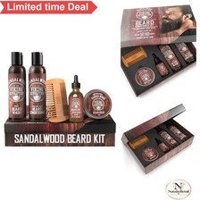Beard Grooming Kit Sandalwood Wash Conditioner Balm Oil Comb Travel Gift Set