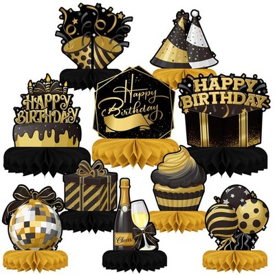 Happy Birthday Decorations Set - Black and Gold Birthday Themed Honeycomb Cen...