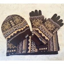 Muk Luks Fair Isle Beanie Scarf and Gloves Set Brown Snowflake Reversible 3pc