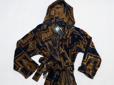 Sz S/M Pendleton Terry Hooded Long Sleeve Bath Robe Cotton Blue Gold Men's