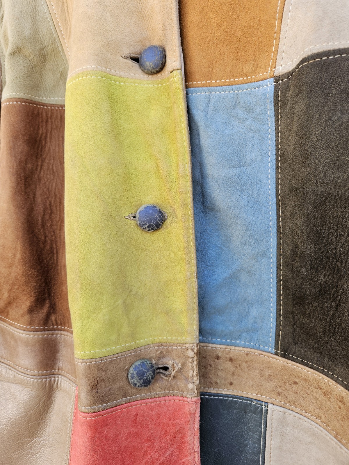 VTG 70S Multicolor Patchwork Leather Button Jacke… - image 9