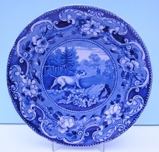 Antique Staffordshire EWOOD Blue Transferware Plate POINTER Sporting Series 1830