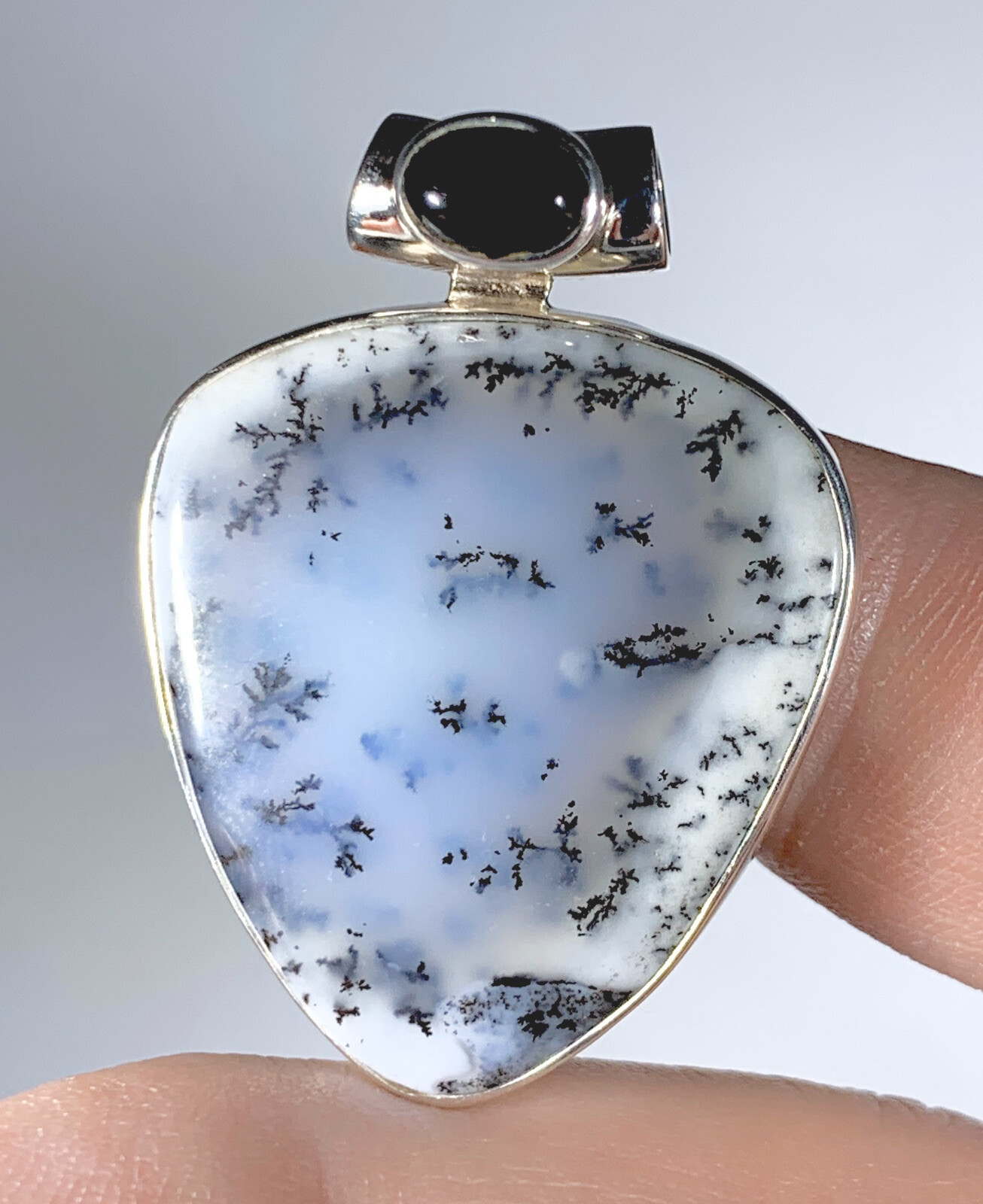 Dendritic Opal (Merlinite) W/ Onyx Sterling Silver Pendant (#81881) #23