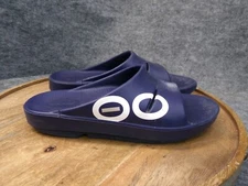 OOFOS OOahh Slides Sandals Navy Blue White Cushioned Slip On Womens Size 40 US 9