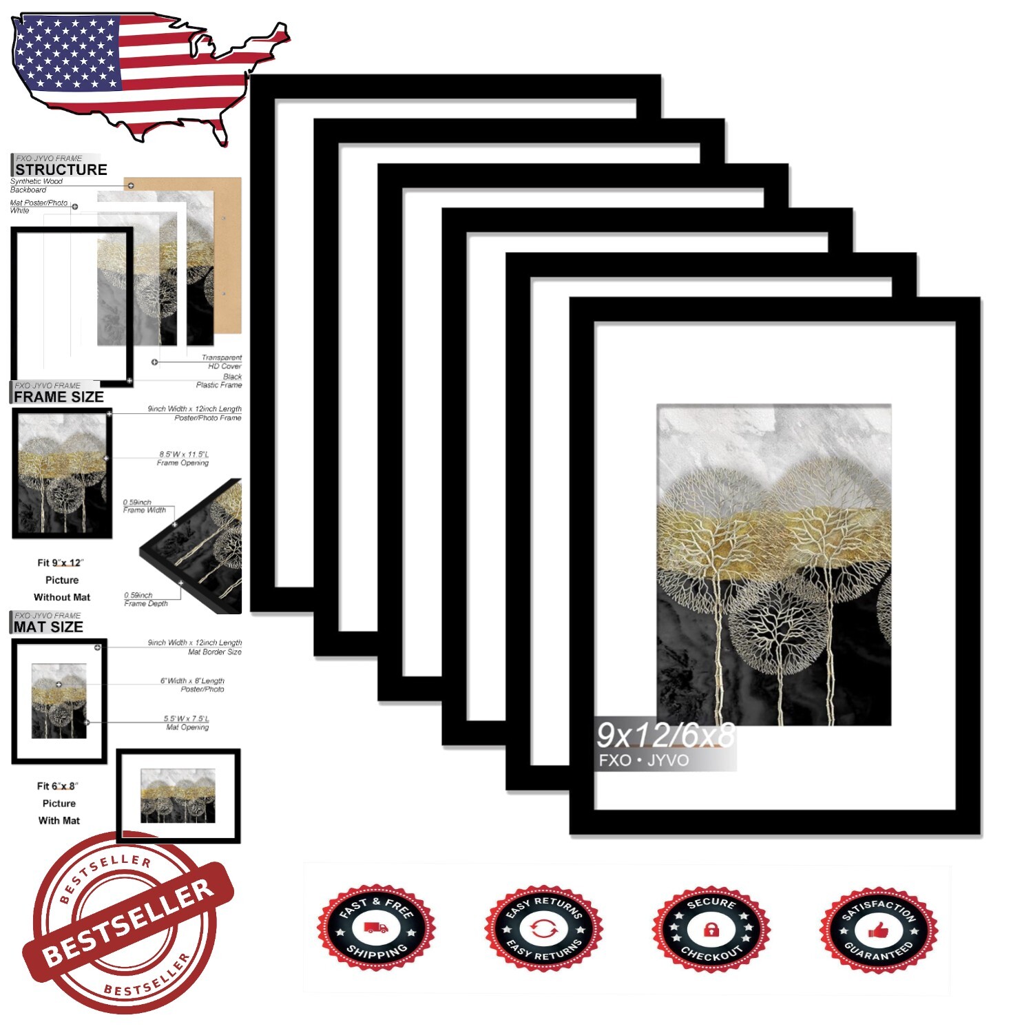 Sleek 9x12 Picture Frame Set of 6 - Modern Matte Black for Stylish Displays