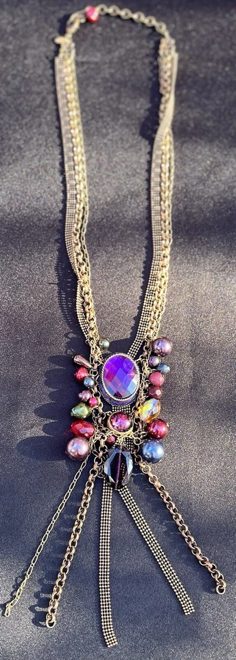 Chico’s Necklace & Earrings Set Long Purple Jewel Toned Beaded Tassel STUNNING - Image 2 of 4