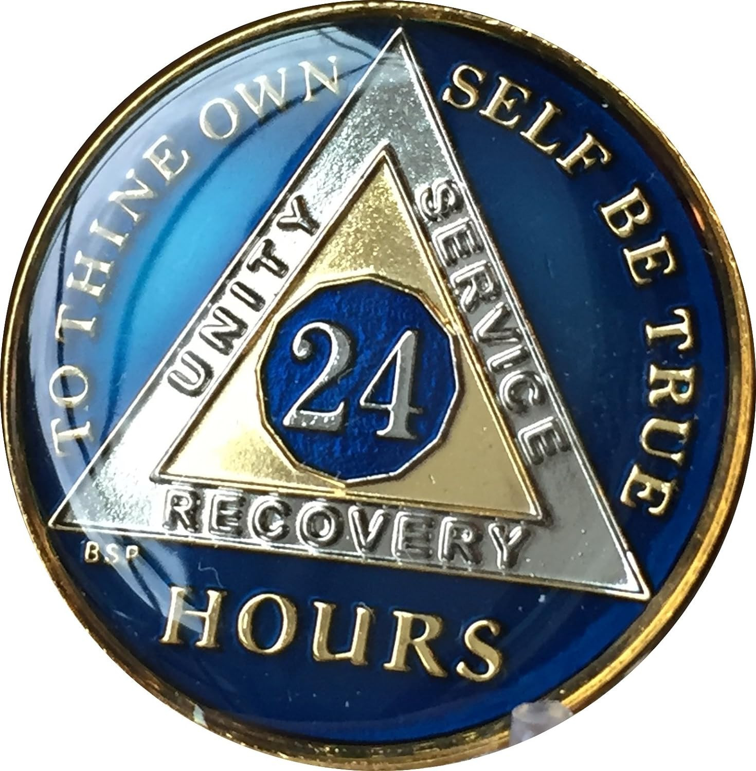 24 Hours Midnight Blue AA Alcoholics Anonymous Medallion Chip Tri Plate Gold & N