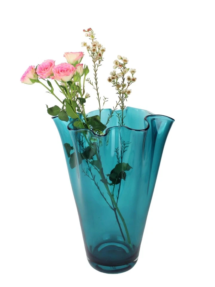 Vase Glass Wavy Turquoise Glass Vase Flower Vase Hand Blown Signature Table Vase - Image 4 of 4