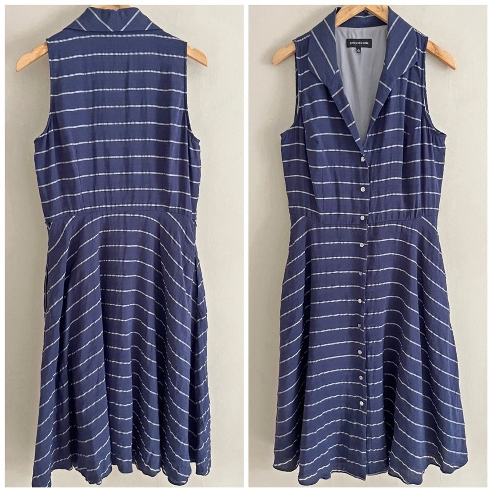 Jones New York striped utility blue button front shirt dress