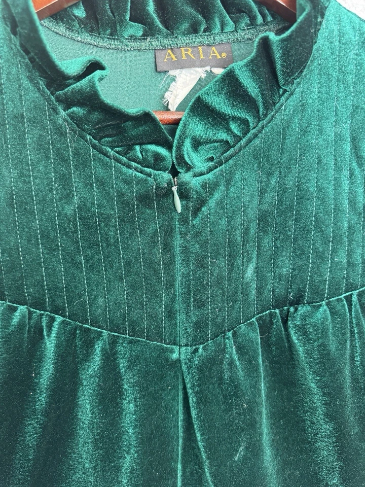 Abrigo de casa vintage Aria verde esmeralda terciopelo cremallera frontal canesú acolchado talla M años 70 Foto 4 de 4