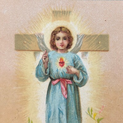 Vintage Holy Easter Card Small Jesus Flowers at Feet Cross Flowers Sacred Heart 