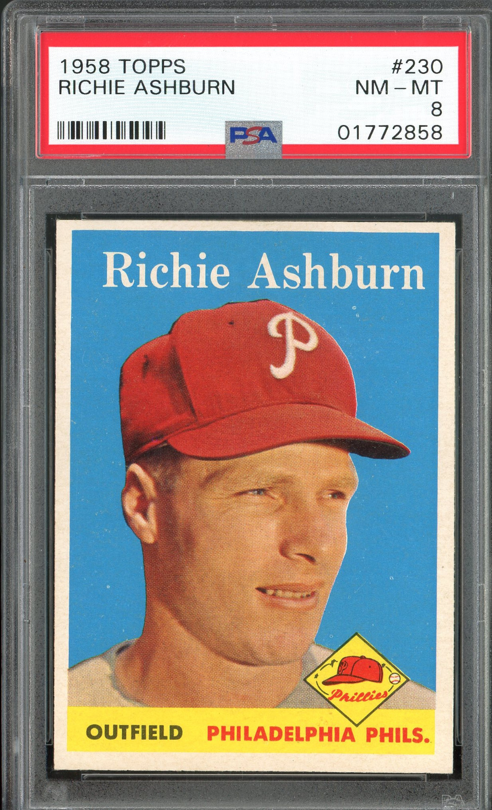 1958 Topps Richie Ashburn #230 PSA 8 NM - MINT Centered + Looks VERY Nice!