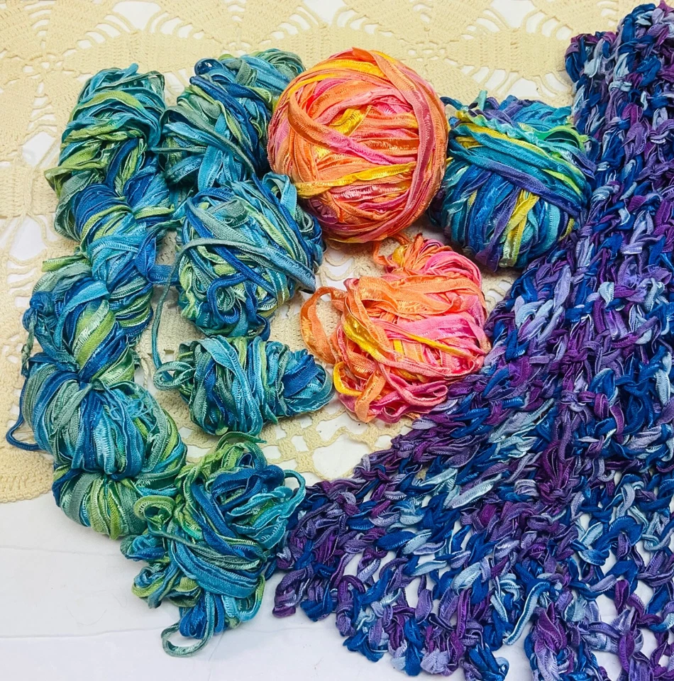 Mango Moon Silk Ribbon Yarn Lot ofAssorted Colors &Knit Scarf Vintage Space Dyed - Image 2 of 4