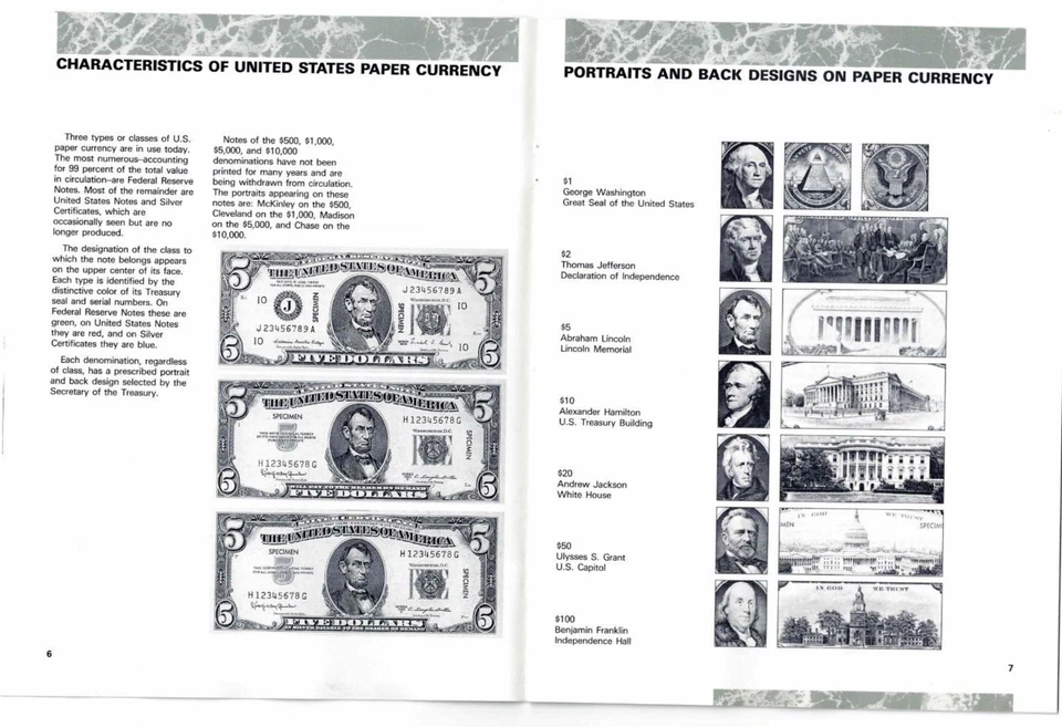 Folleto Conozca su dinero Departamento del Tesoro de los Estados Unidos Servicio Secreto 1991 Información de fotos de colección Foto 4 de 4