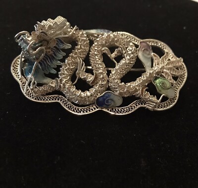 Vintage 1950 s Rare Chinese Cloisonné Silver DRAGON Brooch