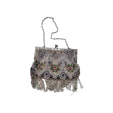 Antique Glass Seed Beaded Clutch Purse Silver Frame 1920s Art Deco Evening Bag