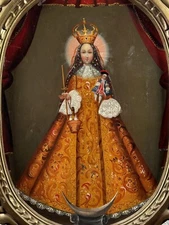 Spanish Colonial Cuzco Oil Painting Virgin Candelaria Mary Christ Retablo Saint