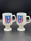 Pair of Vintage 1776-1976 US Bicentennial Milk Glass Pedestal Mugs w/ Ad on Back