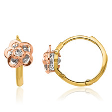 14K Solid Yellow Rose Gold CZ Flower Huggie Small Hoop Earrings