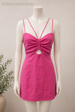 100% Linen Strappy Mini Dress Size 6 Spaghetti Strap Ruched Cutout Barbiecore
