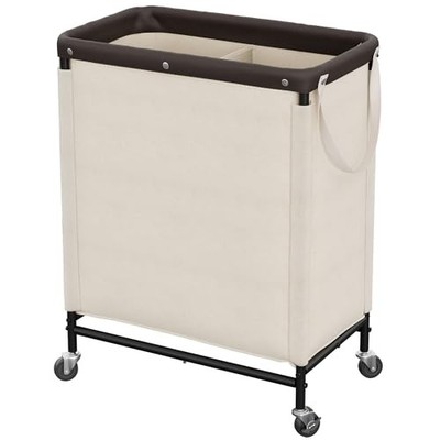  2 Section Laundry Hamper, Rolling Laundry Cart with 100L(2-Section) Beige